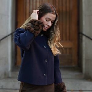 REVOLVE Navy Blue Jacket with Brown Leopard Cuffs